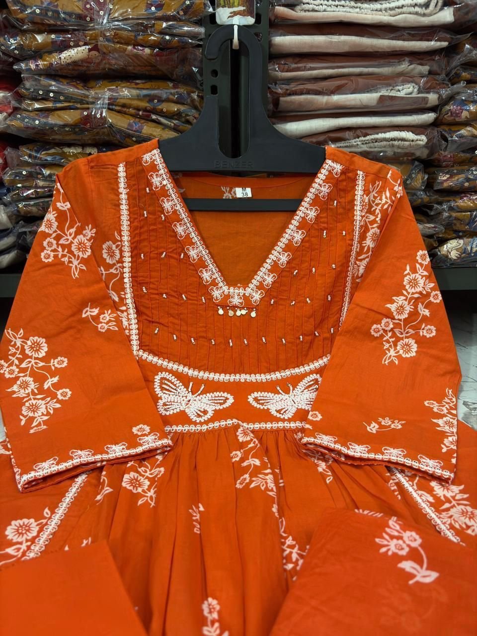 Orange Cotton Discharge Printed Suit Set with Embroidery